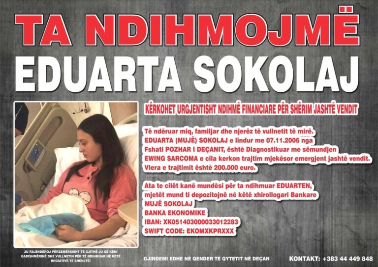 Apel për ndihmë, Eduarta Sokolaj nga Deçani ka nevojë për trajtim jashtë vendit