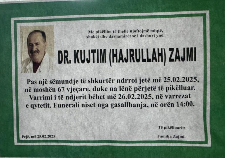 Ndërron jetë Specialisti i Mjekësisë së Punës, Dr. Kujtim Zajmi